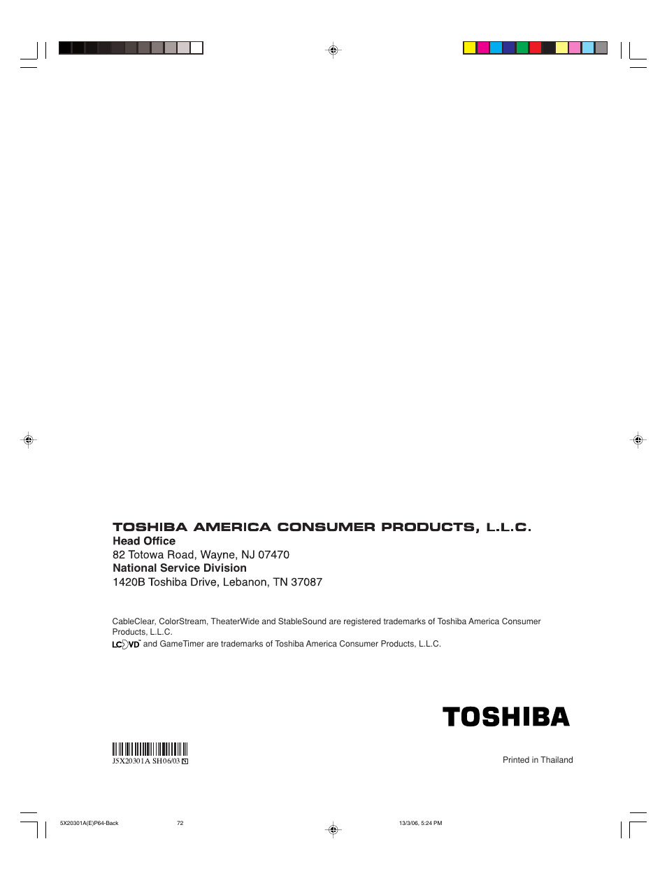 National service division | Toshiba 20HLV86 User Manual | Page 72 / 72