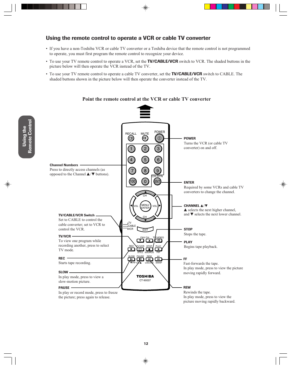 Using to operate a vcr or cable tv converter, Using the remote contr ol | Toshiba 36A13 User Manual | Page 12 / 35