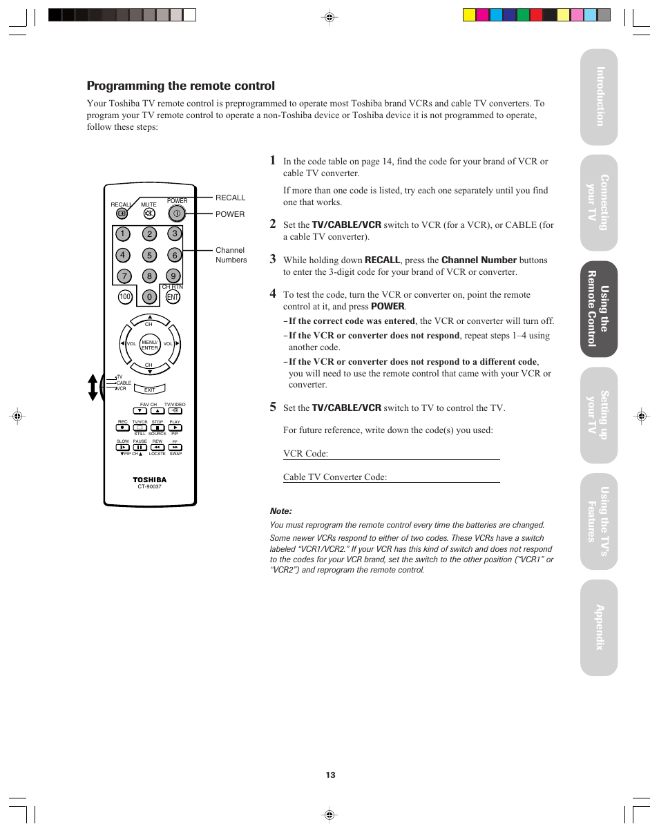 Programming the remote control | Toshiba 36A13 User Manual | Page 13 / 35