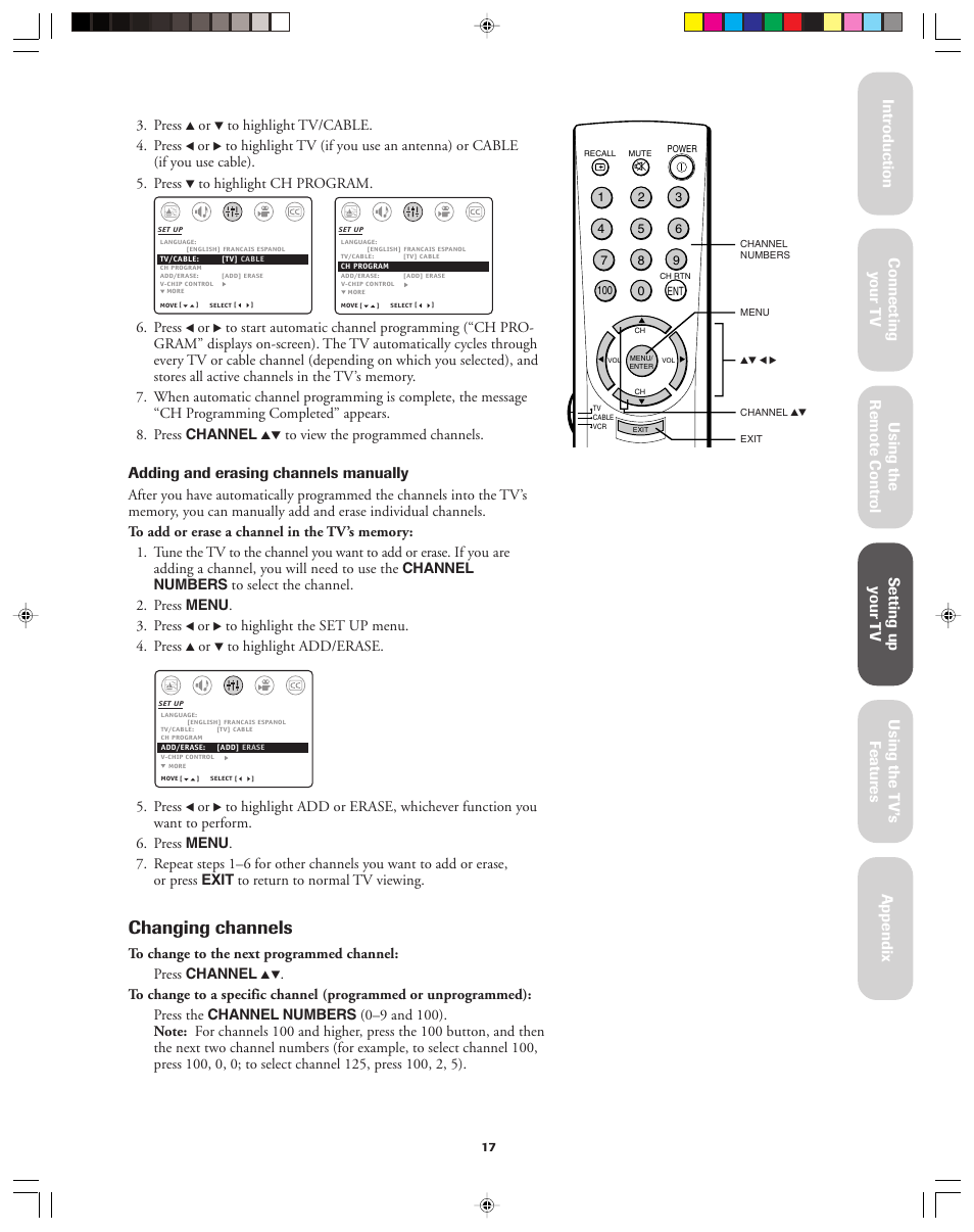 Changing channels, Adding and erasing channels manually | Toshiba 36A13 User Manual | Page 17 / 35