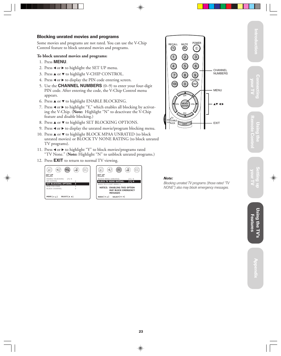 Blocking unrated movies and programs | Toshiba 36A13 User Manual | Page 23 / 35