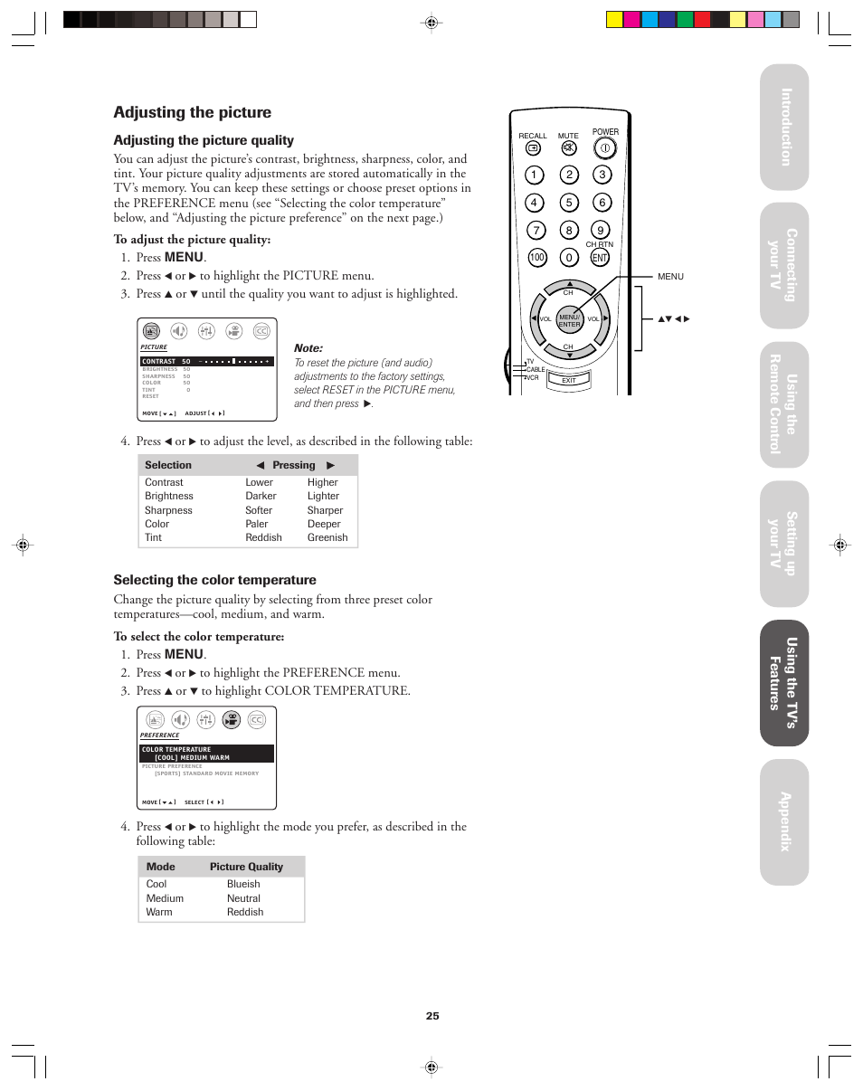 Adjusting the picture, Adjusting the picture quality, Selecting the color temperature | Toshiba 36A13 User Manual | Page 25 / 35