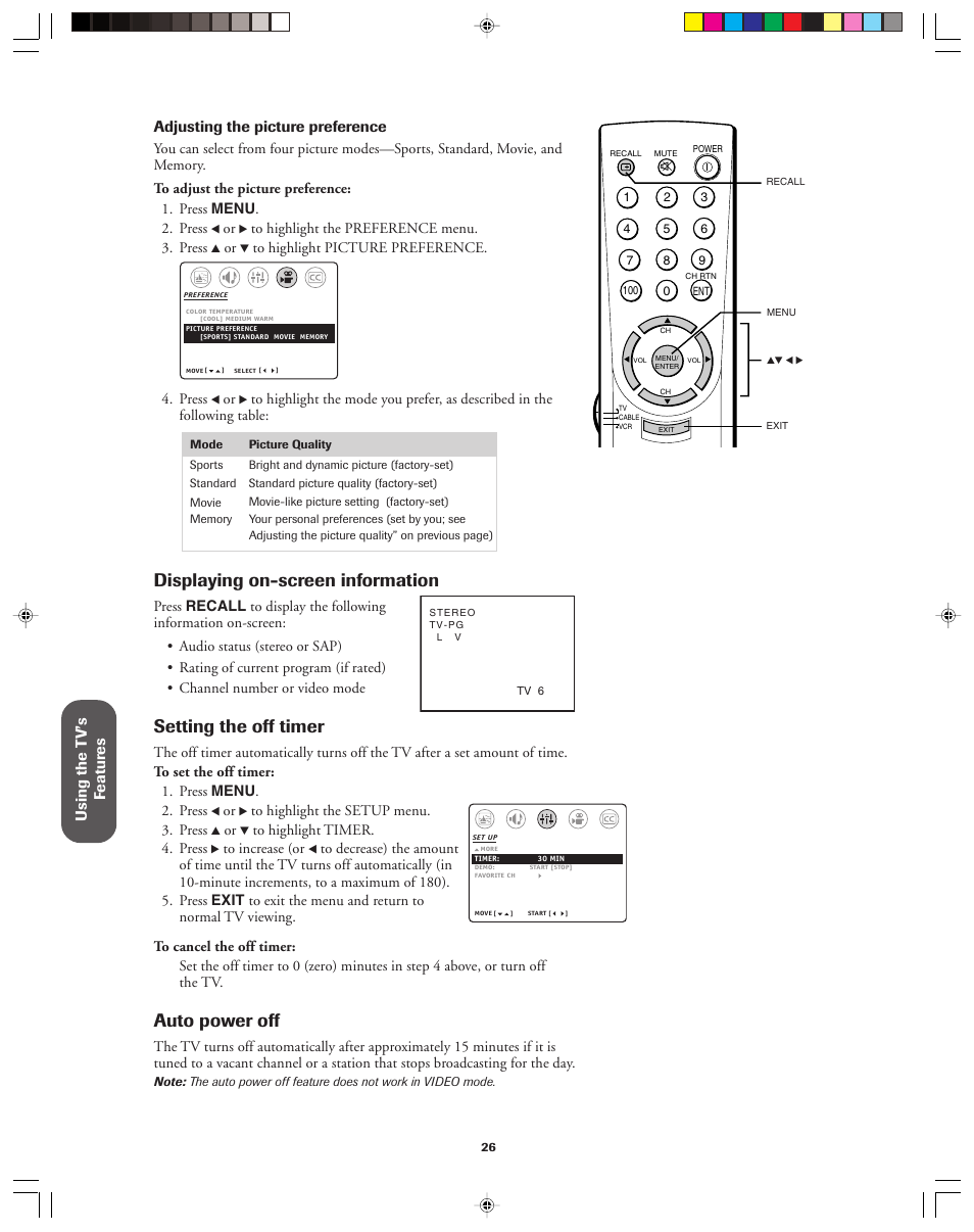 Displaying on-screen information, Setting the off timer, Auto power off | Toshiba 36A13 User Manual | Page 26 / 35