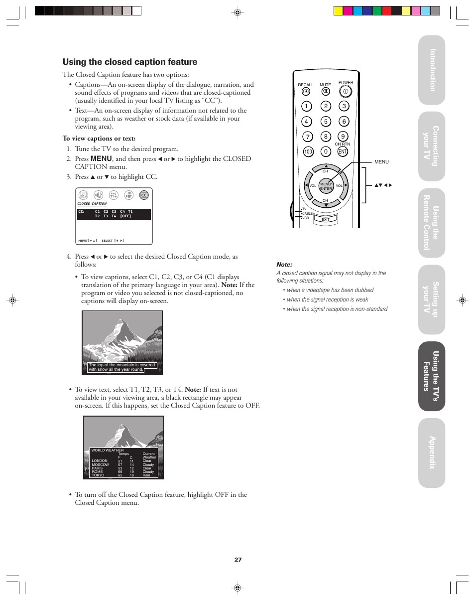 Closed caption, Using the closed caption feature | Toshiba 36A13 User Manual | Page 27 / 35