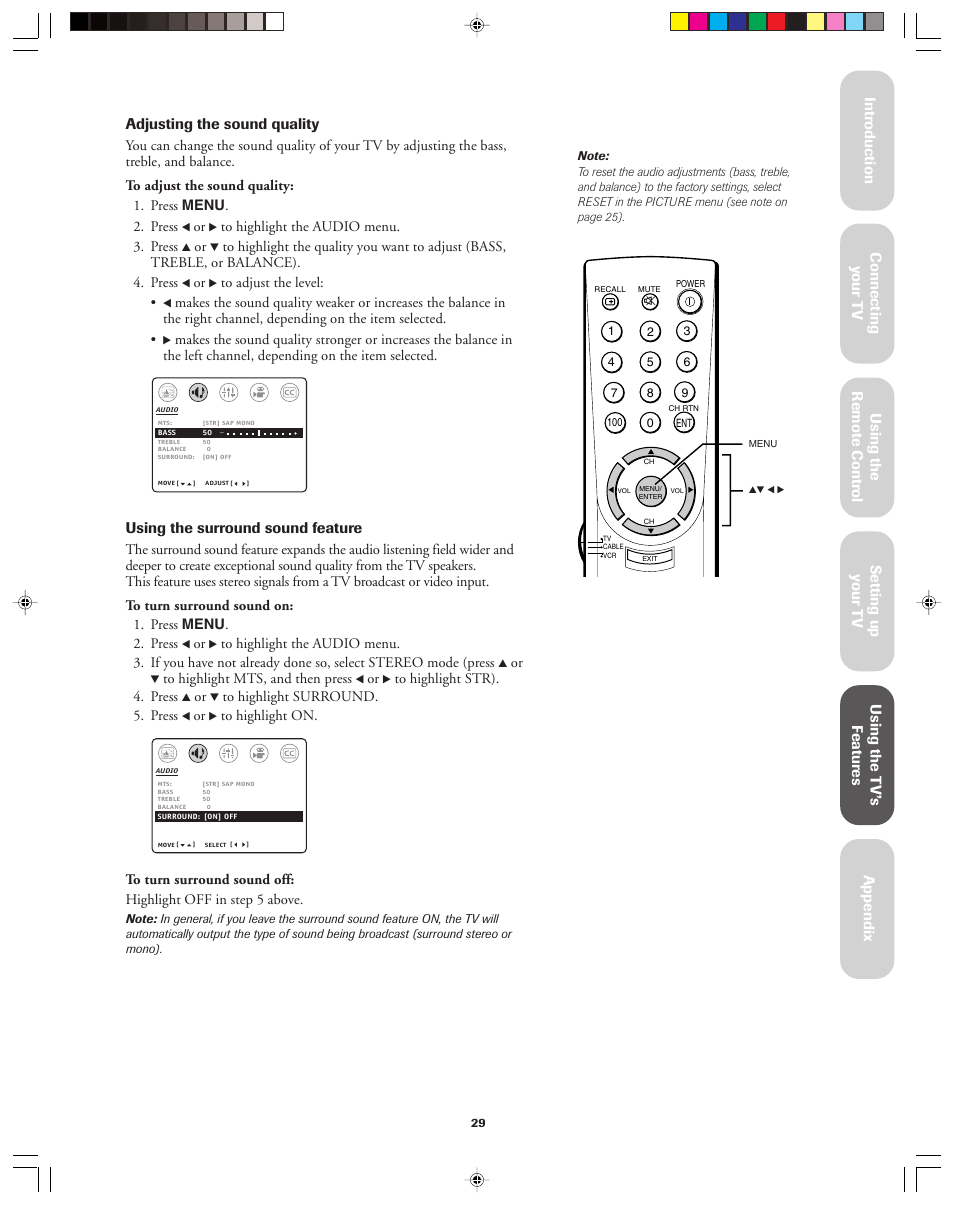 Using the surround sound feature | Toshiba 36A13 User Manual | Page 29 / 35