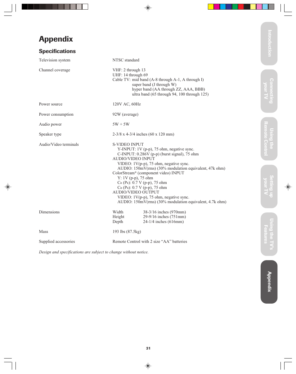 Appendix, Specifications | Toshiba 36A13 User Manual | Page 31 / 35