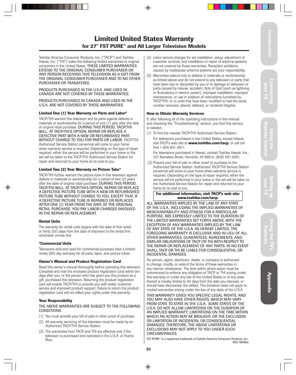 Limited warranty - united states, Limited united states warranty | Toshiba 36A13 User Manual | Page 33 / 35