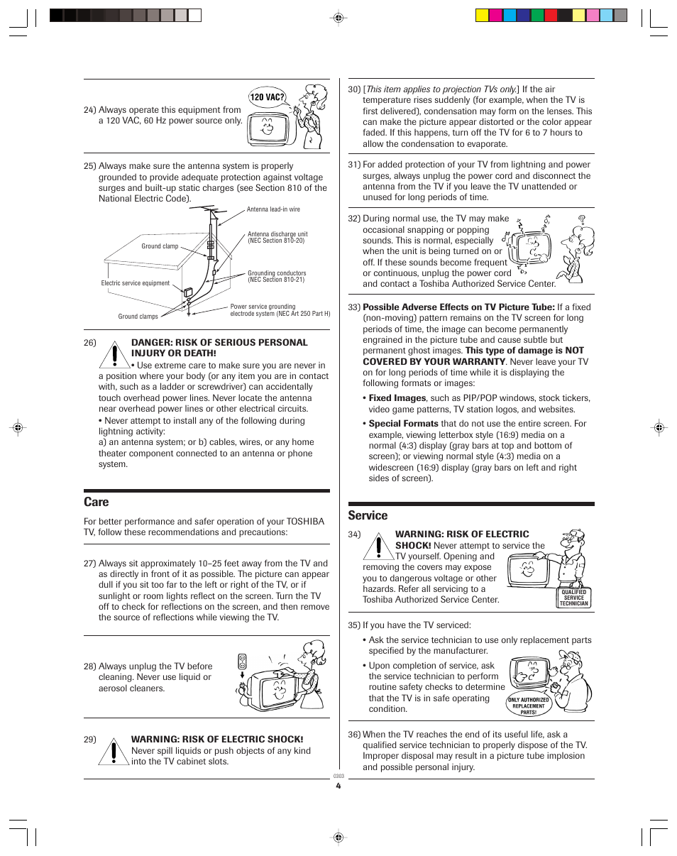 Care, Service | Toshiba 36A13 User Manual | Page 4 / 35