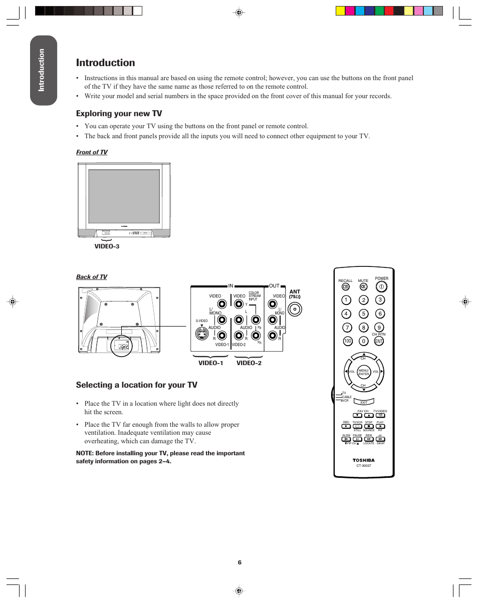 Introduction, Exploring your new tv, Selecting a location for your tv | Intr oduction | Toshiba 36A13 User Manual | Page 6 / 35