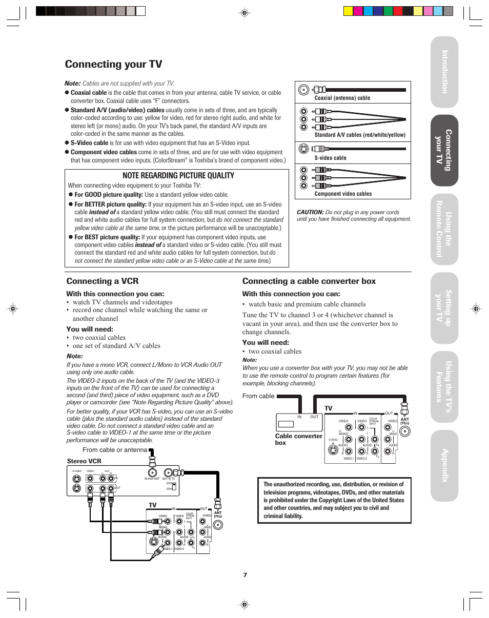 Connecting your tv, Vcr / cable converter box, Connecting a vcr | Connecting a cable converter box, Is toshiba’s brand of component video.) | Toshiba 36A13 User Manual | Page 7 / 35