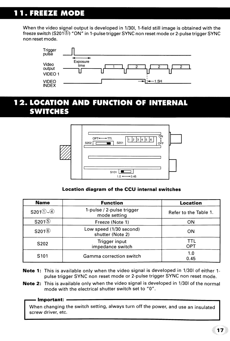 1 1. freeze mode, 1 2. location and function of internal switches | Toshiba IK-542XD User Manual | Page 17 / 24