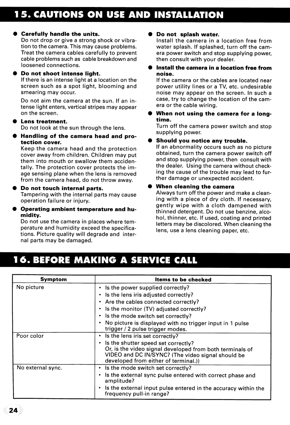 1 5. cautions on use and installation, 1 6. before making a service call | Toshiba IK-542XD User Manual | Page 24 / 24