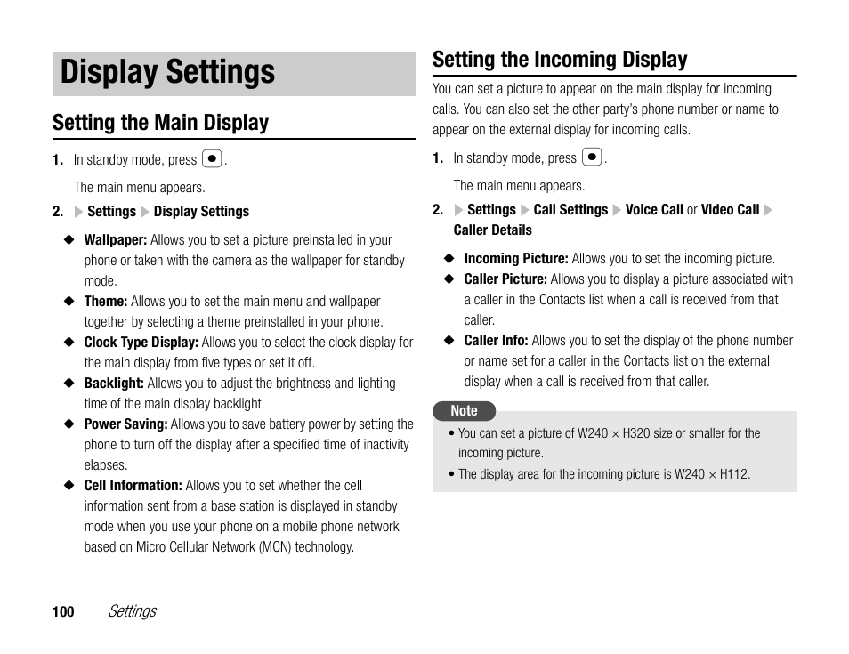 Display settings, Setting the main display, Setting the incoming display | Toshiba TX80 User Manual | Page 100 / 145