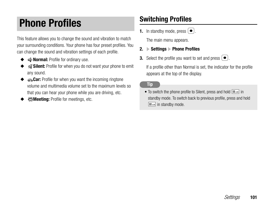 Phone profiles, Switching profiles | Toshiba TX80 User Manual | Page 101 / 145