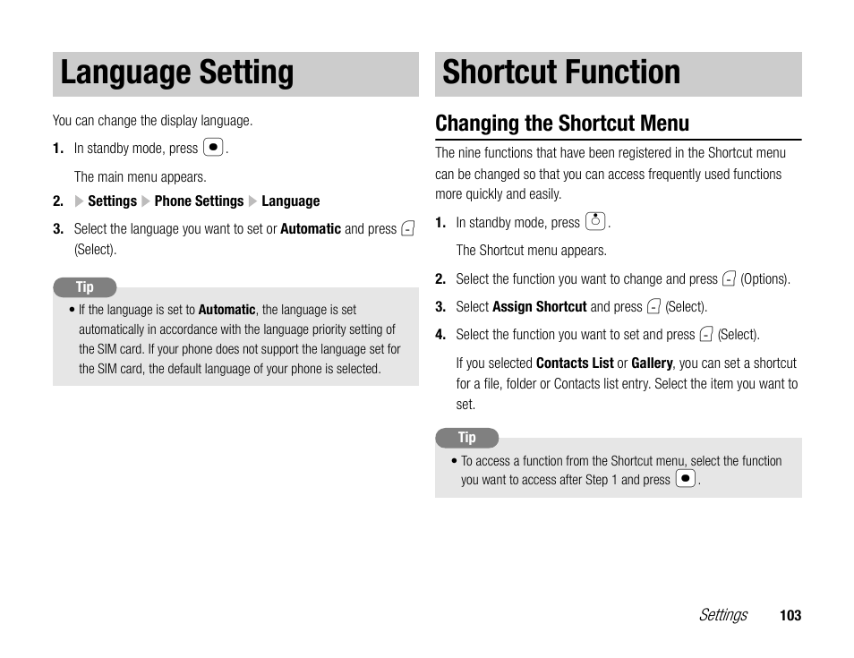 Language setting, Shortcut function, Changing the shortcut menu | Toshiba TX80 User Manual | Page 103 / 145