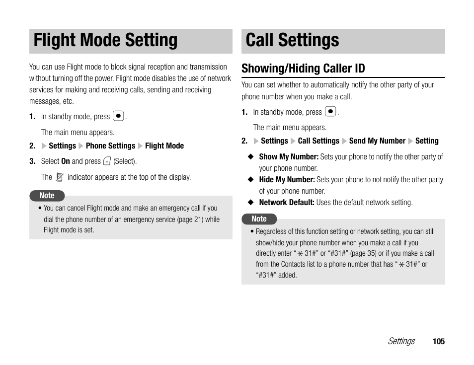 Flight mode setting, Call settings, Showing/hiding caller id | Toshiba TX80 User Manual | Page 105 / 145