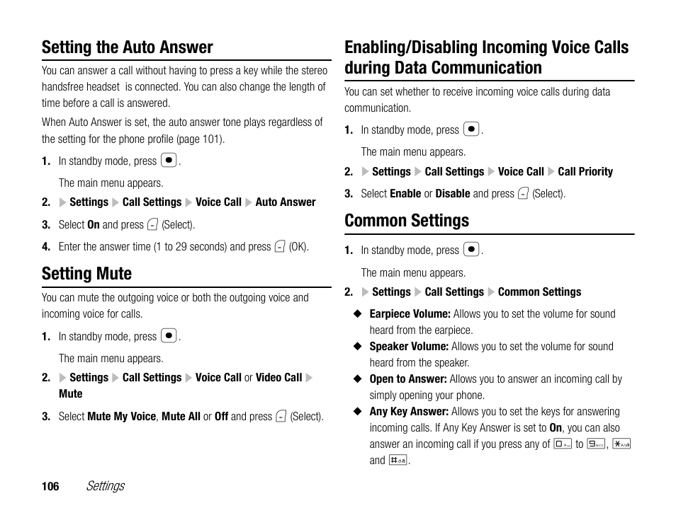 Setting the auto answer, Setting mute, Common settings | Toshiba TX80 User Manual | Page 106 / 145