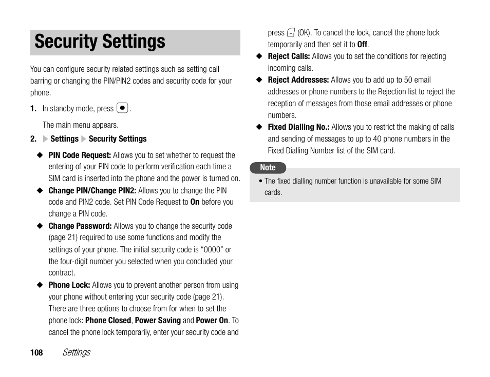 Security settings | Toshiba TX80 User Manual | Page 108 / 145