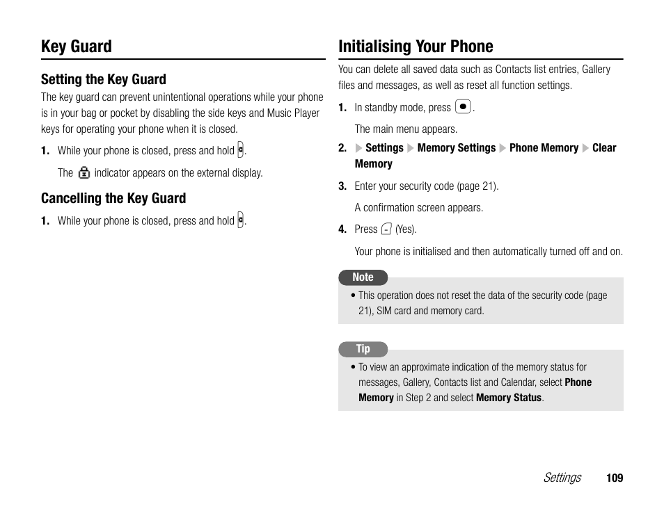 Key guard, Initialising your phone | Toshiba TX80 User Manual | Page 109 / 145