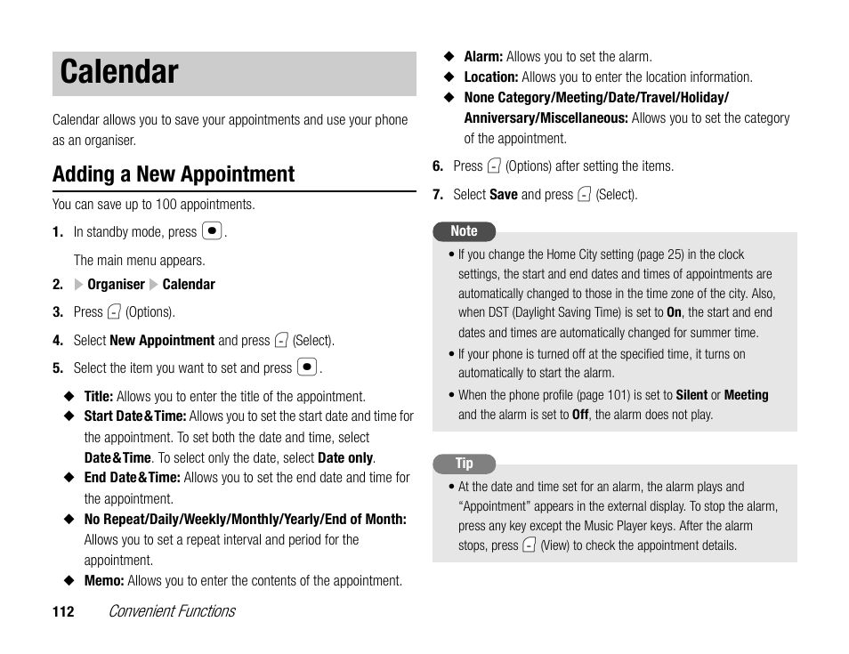 Calendar, Adding a new appointment | Toshiba TX80 User Manual | Page 112 / 145
