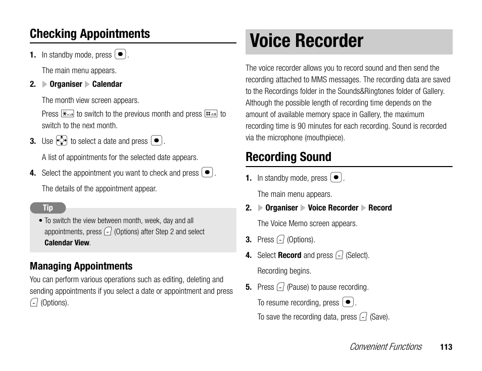 Voice recorder, Checking appointments, Recording sound | Toshiba TX80 User Manual | Page 113 / 145