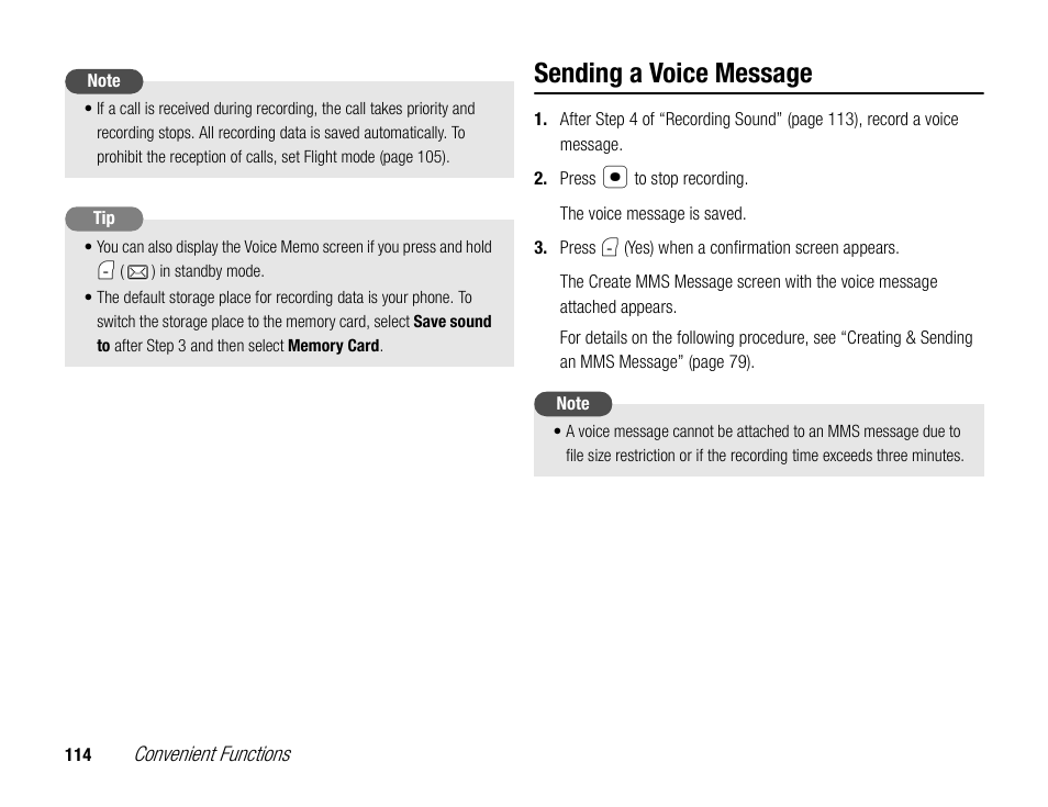 Sending a voice message | Toshiba TX80 User Manual | Page 114 / 145