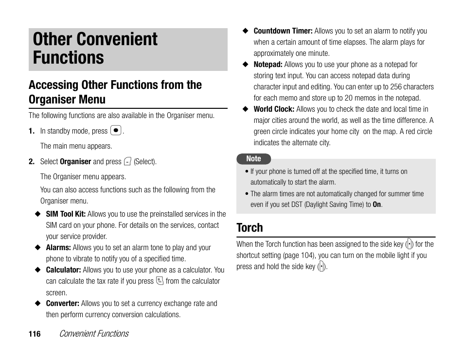 Other convenient functions, Accessing other functions from the organiser menu, Torch | Toshiba TX80 User Manual | Page 116 / 145