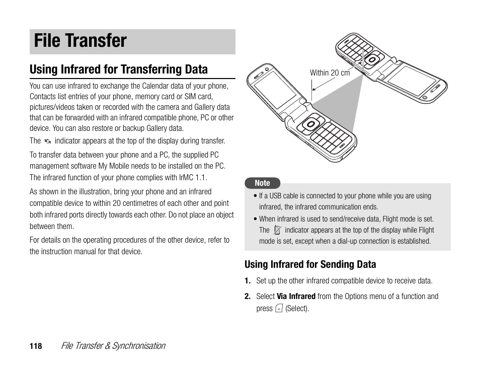 File transfer, Using infrared for transferring data | Toshiba TX80 User Manual | Page 118 / 145