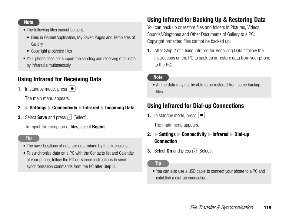 Using infrared for receiving data, Using infrared for backing up & restoring data, Using infrared for dial-up connections | Toshiba TX80 User Manual | Page 119 / 145