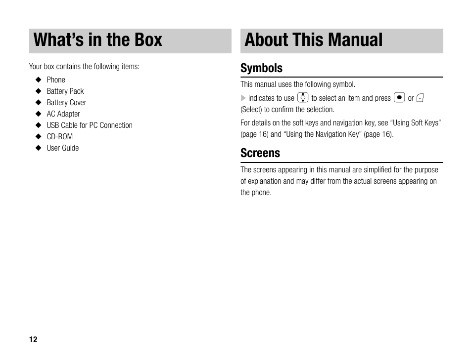 What’s in the box about this manual, Symbols, Screens | Toshiba TX80 User Manual | Page 12 / 145