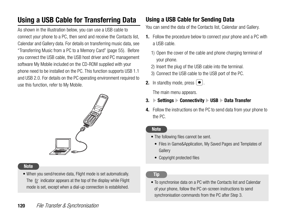 Using a usb cable for transferring data, Using a usb cable for sending data | Toshiba TX80 User Manual | Page 120 / 145