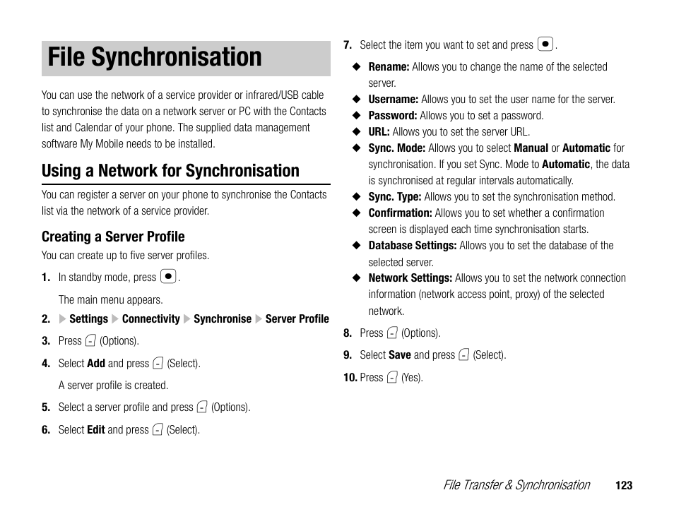 File synchronisation, Using a network for synchronisation | Toshiba TX80 User Manual | Page 123 / 145