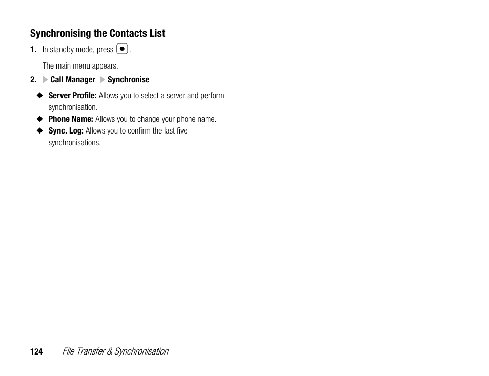 Synchronising the contacts list | Toshiba TX80 User Manual | Page 124 / 145