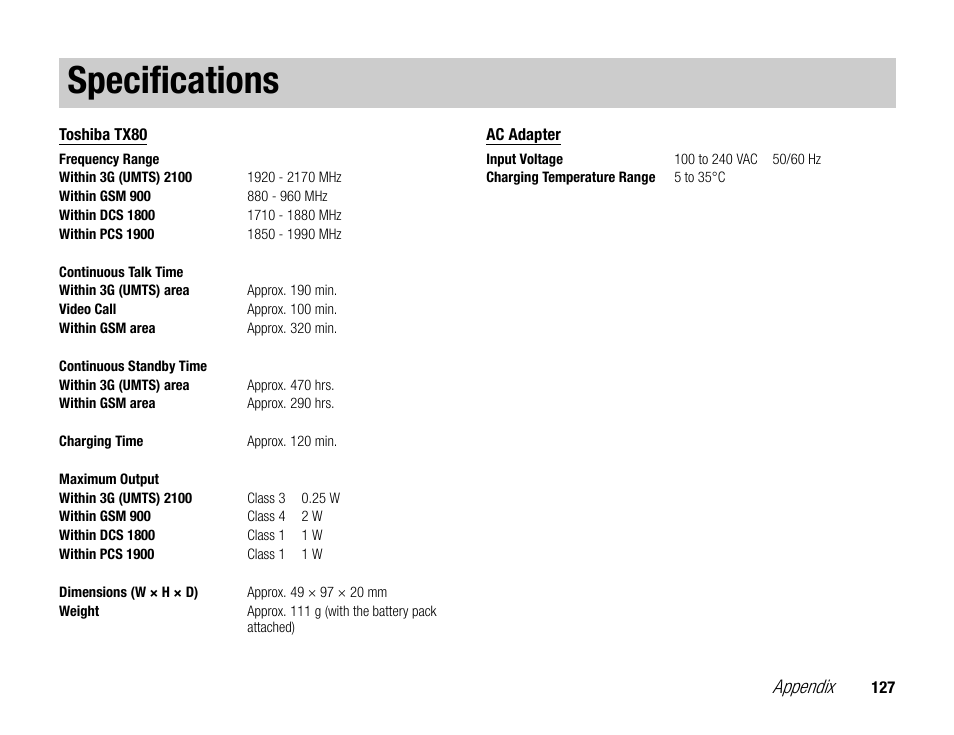 Specifications, Appendix | Toshiba TX80 User Manual | Page 127 / 145