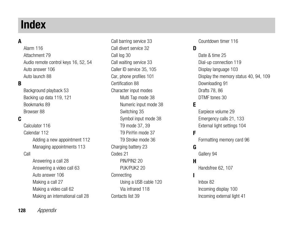 Appendix, Index | Toshiba TX80 User Manual | Page 128 / 145