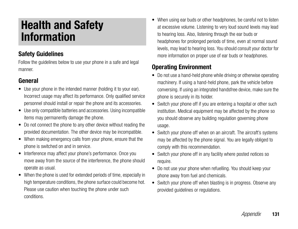 Appendix, Health and safety information | Toshiba TX80 User Manual | Page 131 / 145