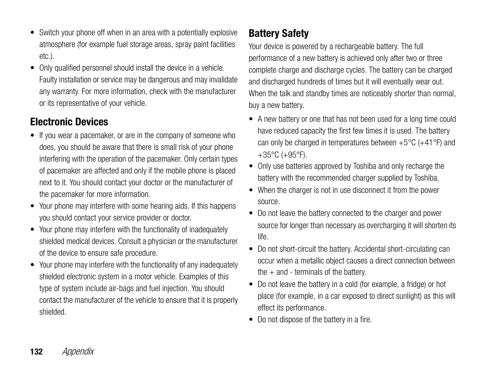 Electronic devices, Battery safety | Toshiba TX80 User Manual | Page 132 / 145