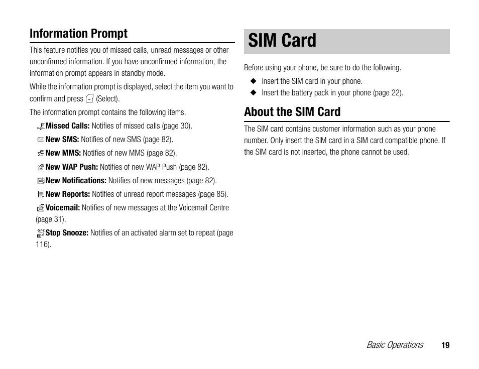 Sim card, Information prompt, About the sim card | Toshiba TX80 User Manual | Page 19 / 145