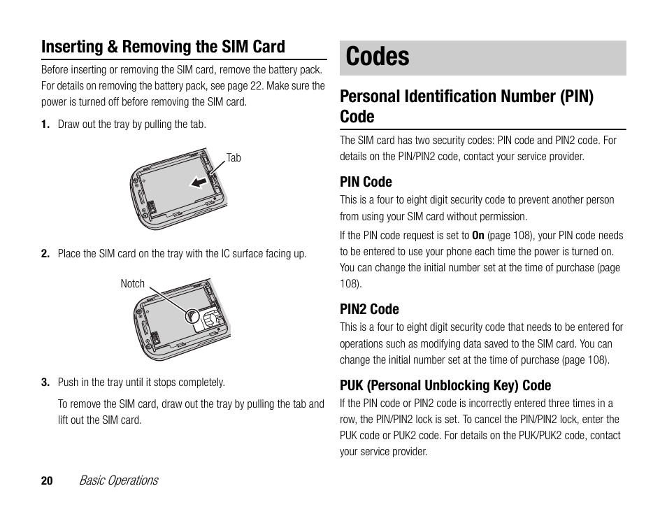 Codes, Inserting & removing the sim card, Personal identification number (pin) code | Toshiba TX80 User Manual | Page 20 / 145