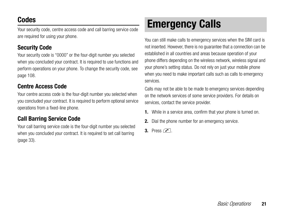 Emergency calls, Codes | Toshiba TX80 User Manual | Page 21 / 145