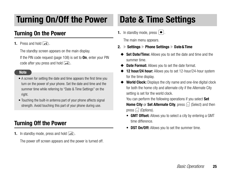 Turning on/off the power, Date & time settings, Turning on the power | Turning off the power | Toshiba TX80 User Manual | Page 25 / 145