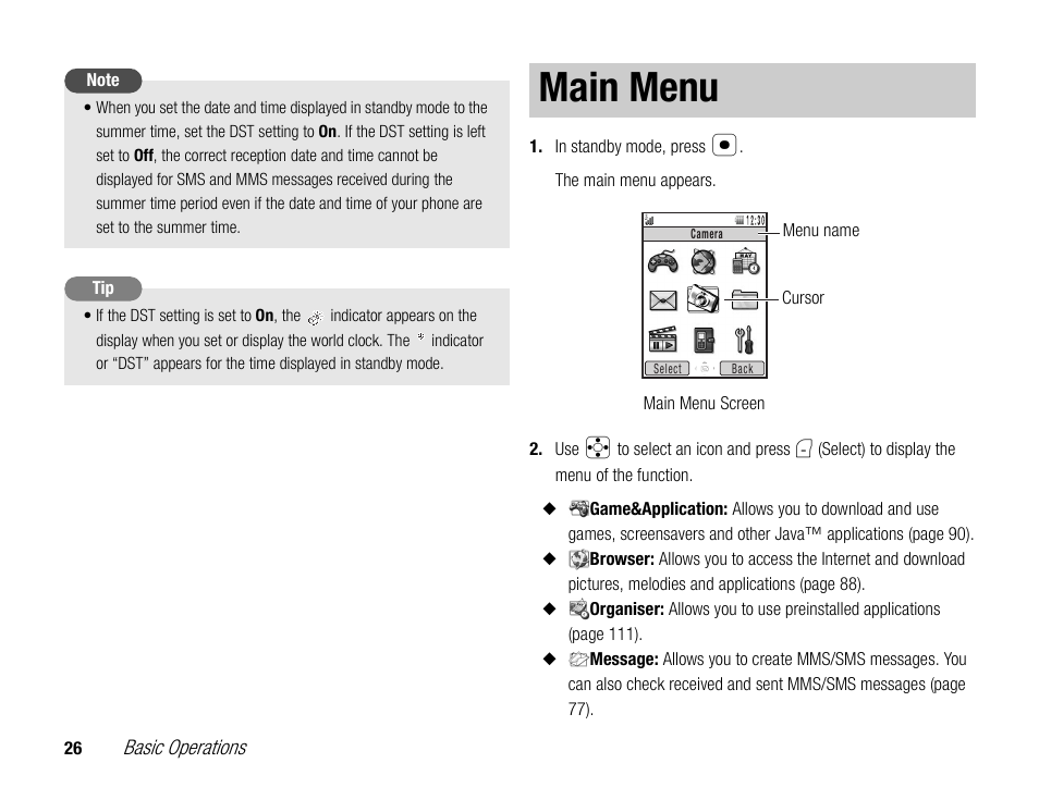 Main menu | Toshiba TX80 User Manual | Page 26 / 145