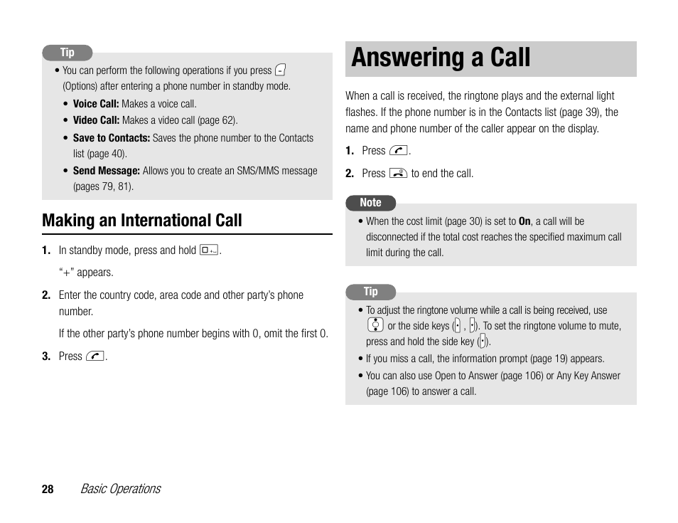 Answering a call, Making an international call | Toshiba TX80 User Manual | Page 28 / 145