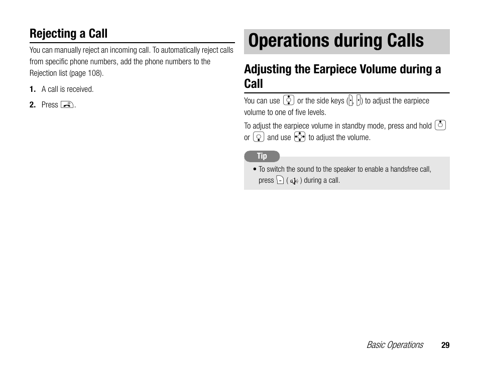 Operations during calls, Rejecting a call, Adjusting the earpiece volume during a call | Toshiba TX80 User Manual | Page 29 / 145