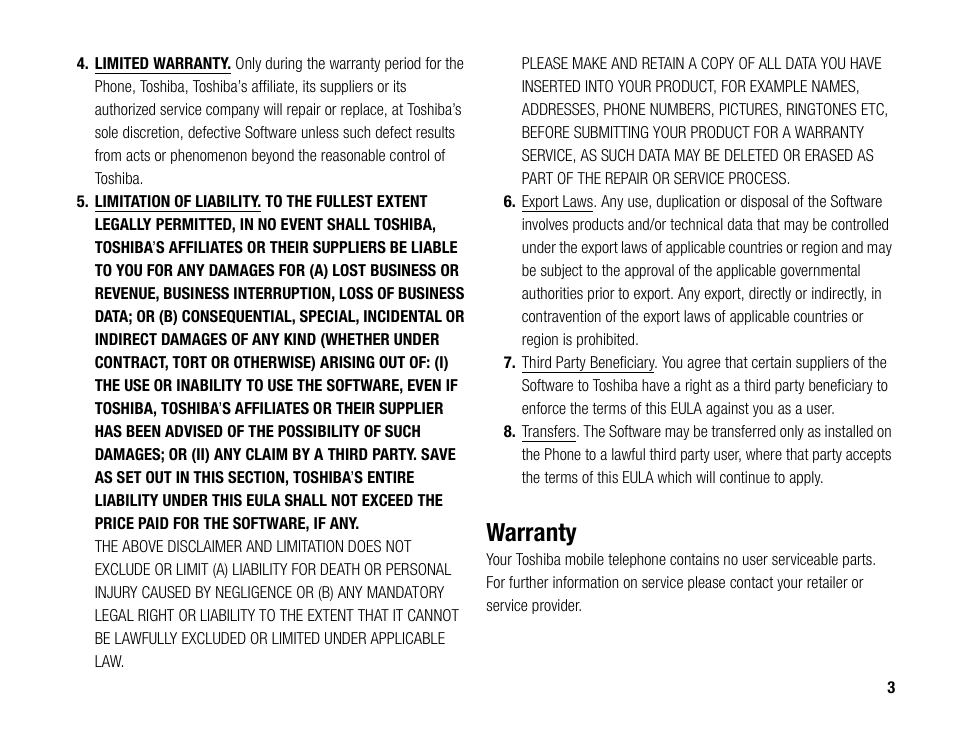 Warranty | Toshiba TX80 User Manual | Page 3 / 145