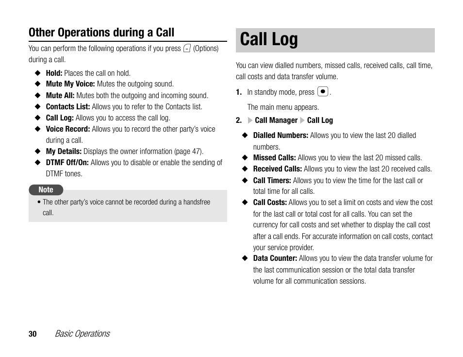 Call log, Other operations during a call | Toshiba TX80 User Manual | Page 30 / 145
