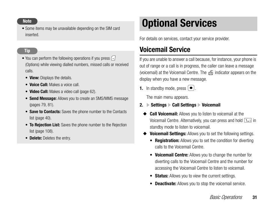 Optional services, Voicemail service | Toshiba TX80 User Manual | Page 31 / 145