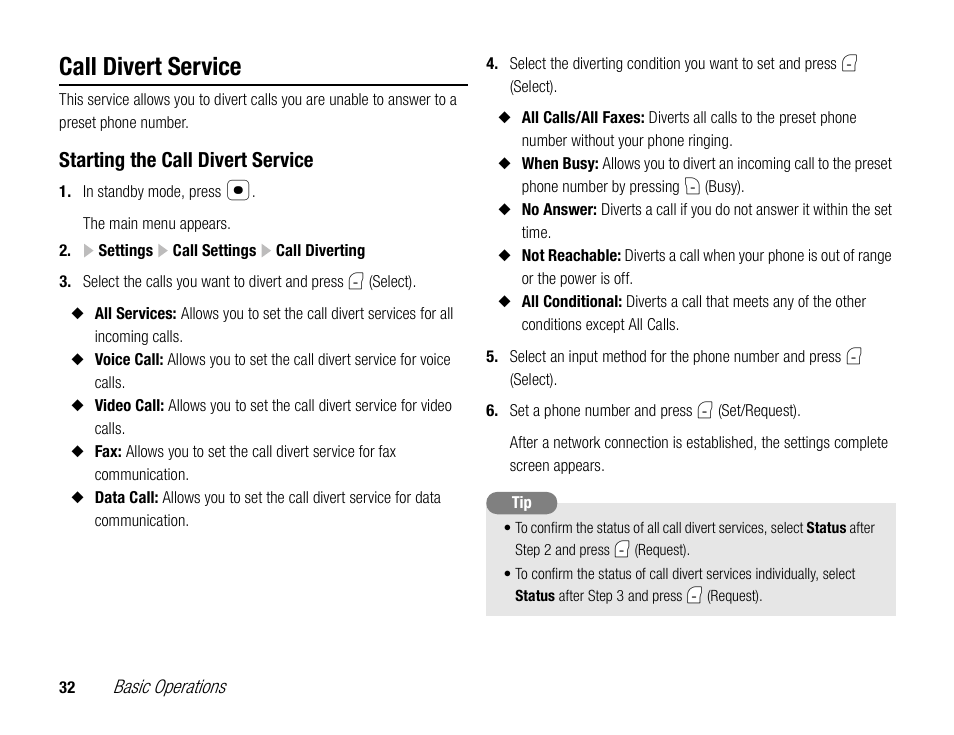 Call divert service, Starting the call divert service | Toshiba TX80 User Manual | Page 32 / 145