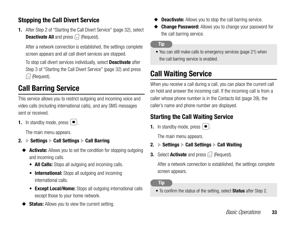 Call barring service, Call waiting service | Toshiba TX80 User Manual | Page 33 / 145