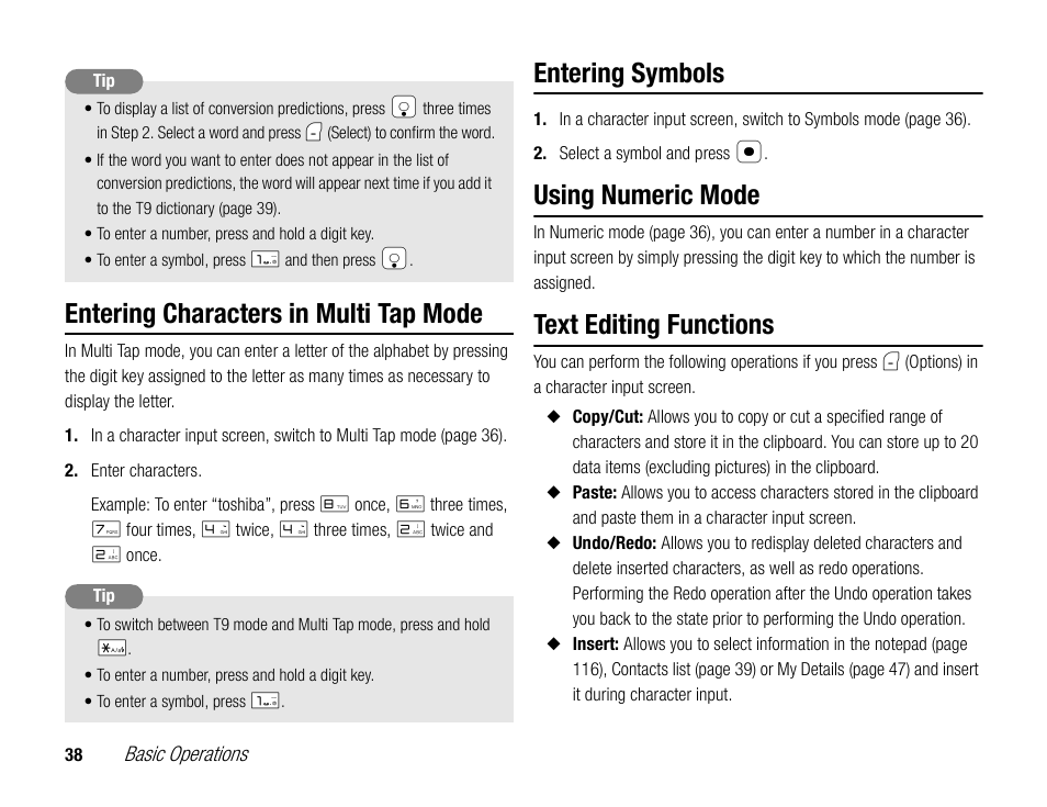 Entering characters in multi tap mode, Entering symbols, Using numeric mode | Text editing functions | Toshiba TX80 User Manual | Page 38 / 145